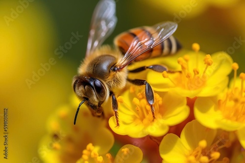 A close-up of a bee collecting nectar from a flower
