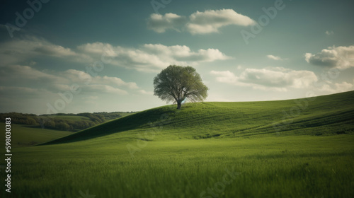 a green tree stands alone in a green meadow. Generative AI