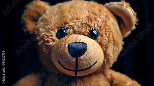 Teddy bear with a sad face on a black background. toned. Generative AI © Slava