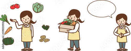 野菜とエプロン姿の笑顔の女性のセットイラスト。ふきだし。配達。