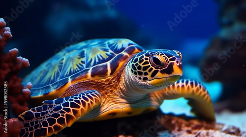 Colorful tropical fish and turtle life in the coral reef, animals of the underwater sea world. Generative ai