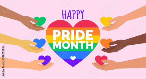 happy pride month  multiracial hands with hearts lgbt colors banner design vector illustration