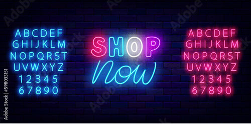 Shop now neon label with lettering. Sale signboard. Special offer emblem. Marketing label. Vector illustration
