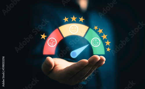 Canvas Print Customer holding virtual evaluation indicator rating since low to high for client excellent evaluate satisfaction after use product and service  concept