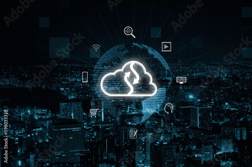 Cloud computing icon with virtual world and technology icon on city scape for cloud tech which transfer data information and upload download application. Technology transformation concept.