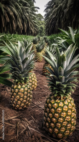 Pineapple plantations on Bali Island, Indonesia Pineapples are growing on the ground.