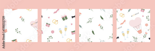 Seamless pattern set with wedding and botanical items. Soft vector backgrounds in green, pink and white. Just married concept
