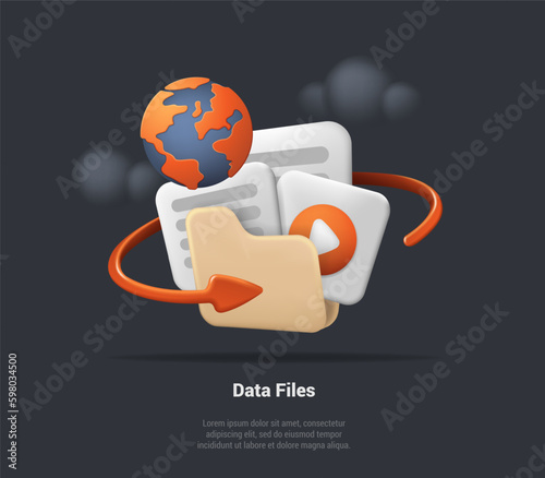 Data Files, Folder and Paper For Management File, Document Efficient Work On Project Plan Concept. 3d Document Cartoon Style Minimal Folder With Files And Globe Icon. 3d Realistic Vector Illustration