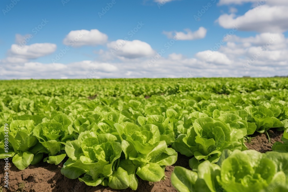 A field of green lettuce with a blue sky in the background