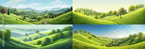 Enhance your homepage banner with four stunning 10:3 ratio images showcasing spring, hills, forests, and textures. Generative AI 