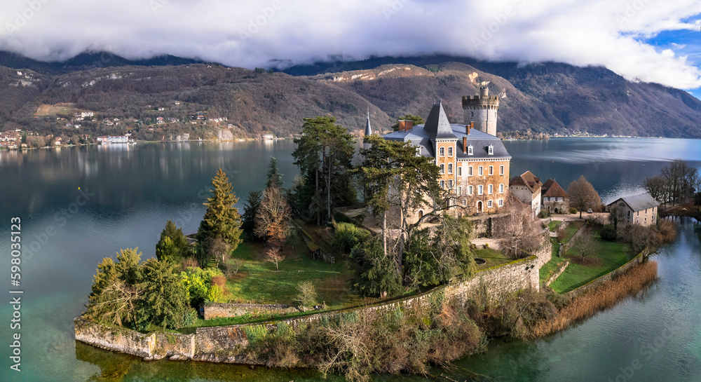  scenic lakes of European Alps - beautiful Annecy with fairytale castle Duingt on the island. aerial panoramic view. France, haute-Savoie