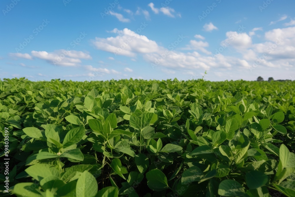 A field of green soybean plants with a blue sky in the background