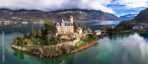fairytale castle Duingt .Amazing scenic lakes of European Alps - beautiful Annecy aerial panoramic view. France, haute-Savoie