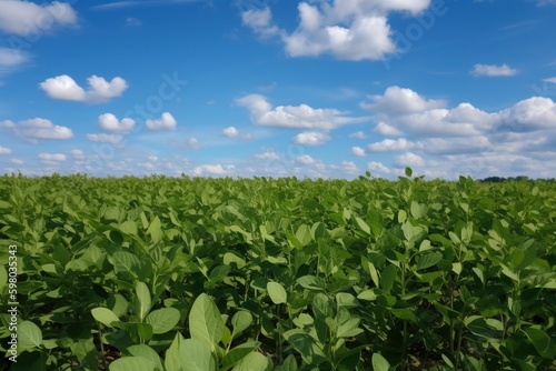 A field of green soybean plants with a blue sky in the background