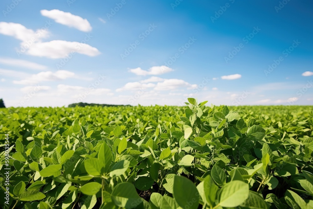 A field of green soybean plants with a blue sky in the background