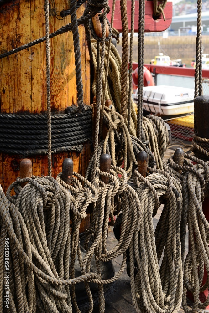 Jersey, U.K. 18th century tall ship rigging.