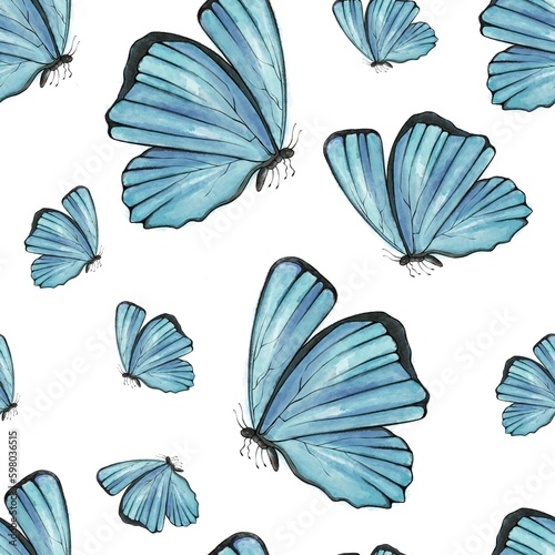 Seamless Pattern Blue butterfly on the white background 