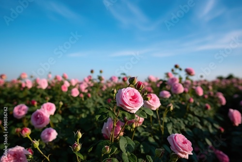 A field of pink roses with a blue sky in the background