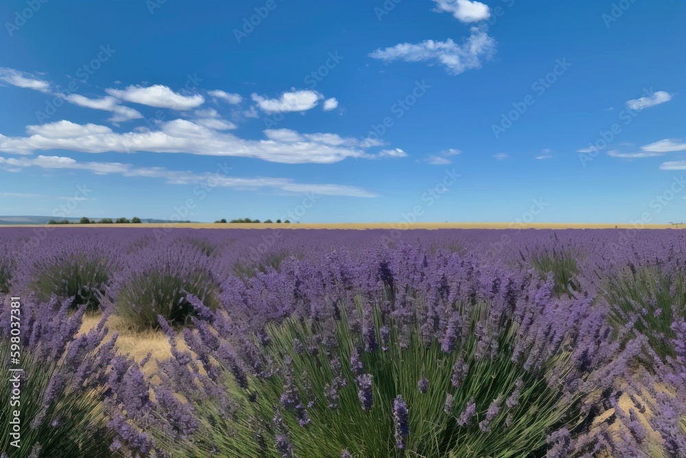 A field of purple lavender with a blue sky in the background A field of purple lavender with a blue sky in the background