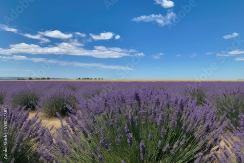 A field of purple lavender with a blue sky in the background