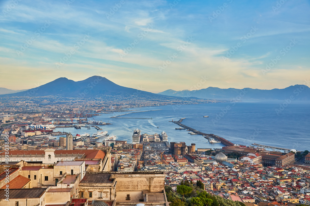 Panorama of Naples, view of the port in the Gulf of Naples and Mount Vesuvius. Italy.