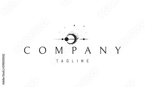 Vector logo on which an abstract image of a solar eclipse against the background of the planets.