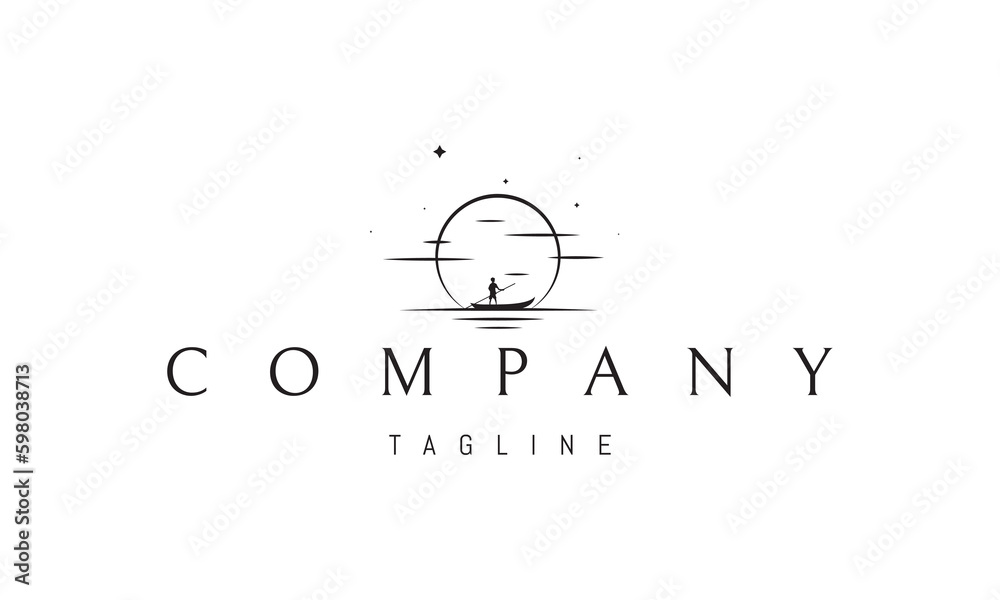Vector logo on which an abstract image of a fisherman in a boat against the background of the setting sun. Vector logo on which an abstract image of a fisherman in a boat against the background of the setting sun.