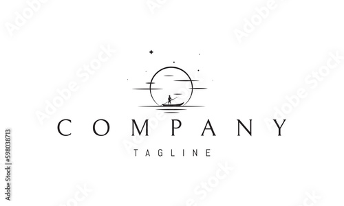Vector logo on which an abstract image of a fisherman in a boat against the background of the setting sun.