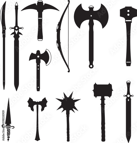 Set of differents medieval weapons  silhouette vector illustration