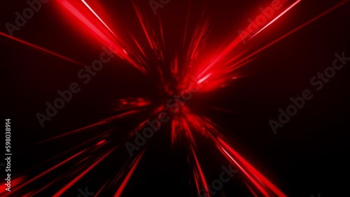 Red glow light rays with time warp on rotate and zoom in effect background. Perspective view of red laser light burst motion. Long exposure time warp speed Lights lines red background zoom in. 4K