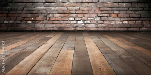 Wooden floor and brick wall for Vintage wallpaper. Hollow brick wall for wallpaper, background or web ready-to-edit product presentation. AI generated illustration.