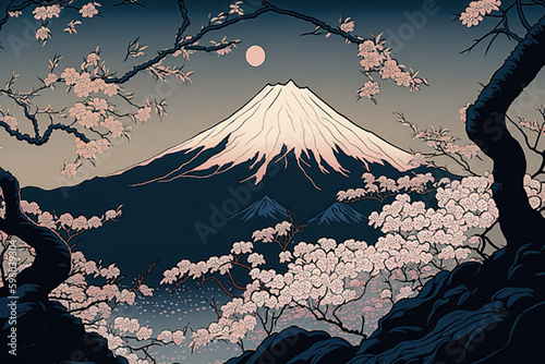 桜と富士山（浮世絵風）：AI生成画像