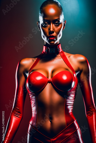 Illustration of Sexy Woman. Girl in red latex. Generative AI.