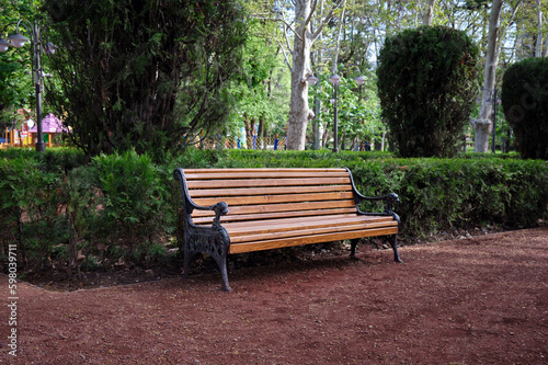 A beautiful wooden decorative bench in a city park