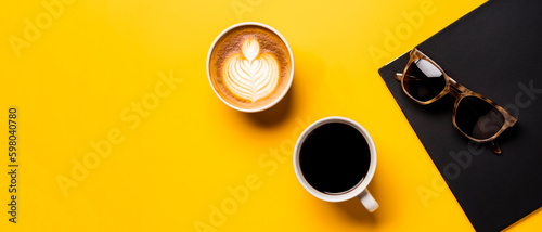 A cappuccino cup, a coffee cup and a sunglasses on yellow background with copy space, flat lay. generative ai