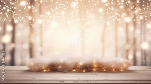 Empty wooden table top with warm living room decor blur background with snow  Mock up banner for display of advertise product  Generative Ai