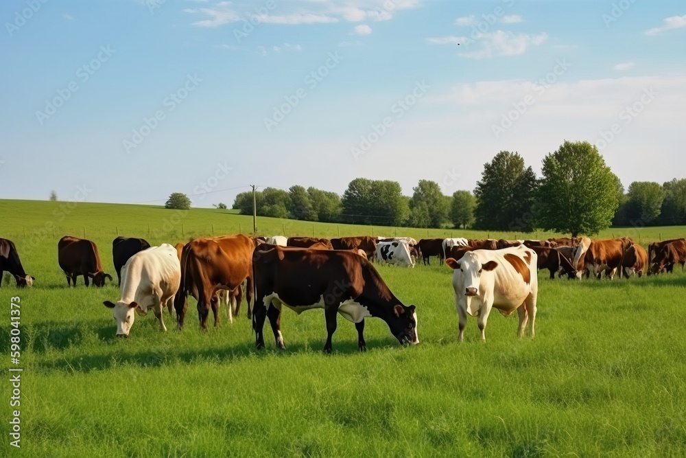 A group of cows grazing on a green pasture - obrazy, fototapety, plakaty 