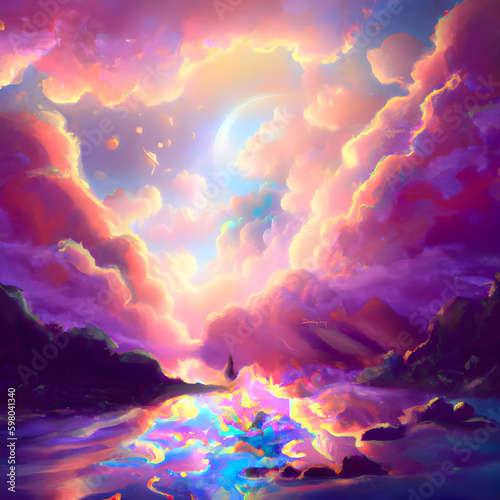 Fantasy sunset with moon and big fluffy clouds under the colorful river