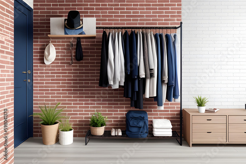 Rack with clothes and accessories hanging on brick wall