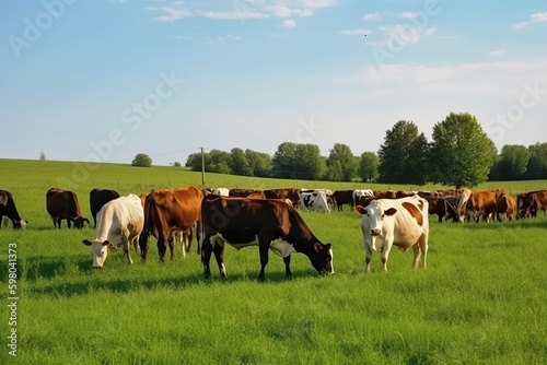 A group of cows grazing on a green pasture