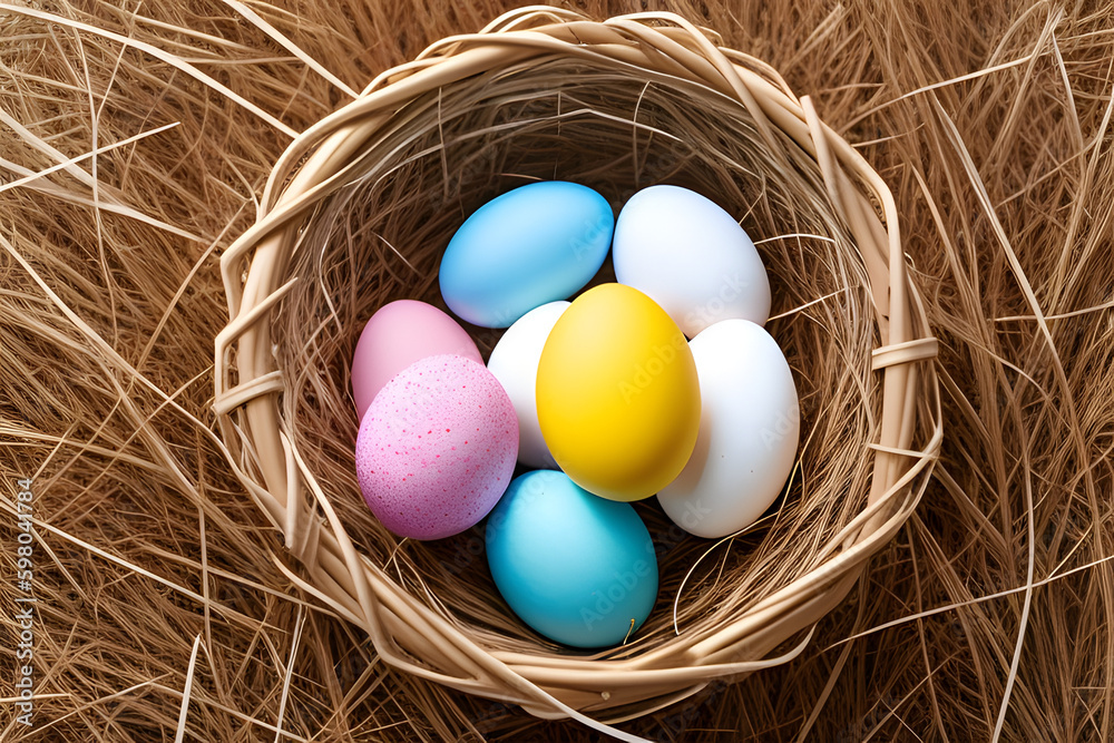Collection of easter eggs in honor of Easter on hay mockup for greeting card Collection of easter eggs in honor of Easter on hay mockup for greeting card