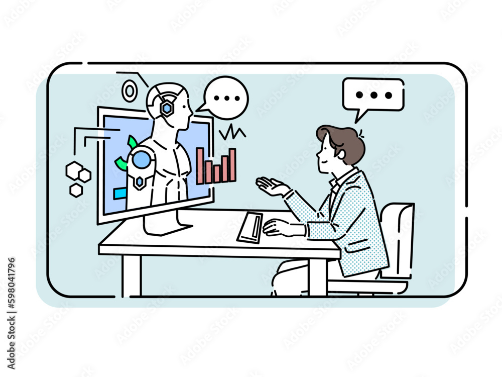 Illustration of a business person doing research using an AI chat service Illustration of a business person doing research using an AI chat service