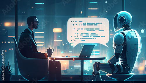 AI Artificial Intelligence humanoid robot talk to a businessman, ChatGpt Ai chatbot chatbot technology concept, Generative AI illustration.