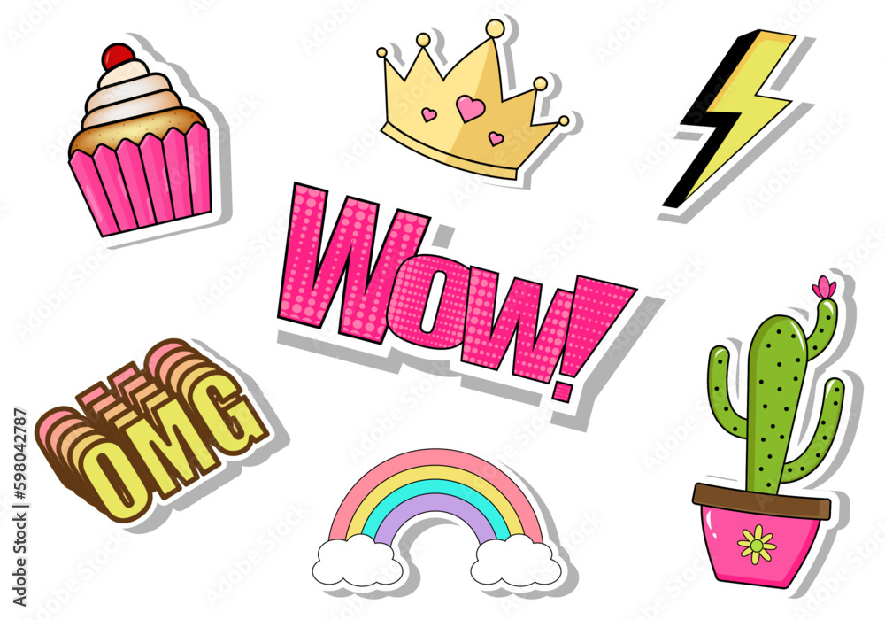 Cute fashion patch badges with crown, cactus, rainbow , cupcake,lightnin and other elements. Trendy, modern design. Set of doodle stickers, pins, in cartoon 80s-90s comic style.