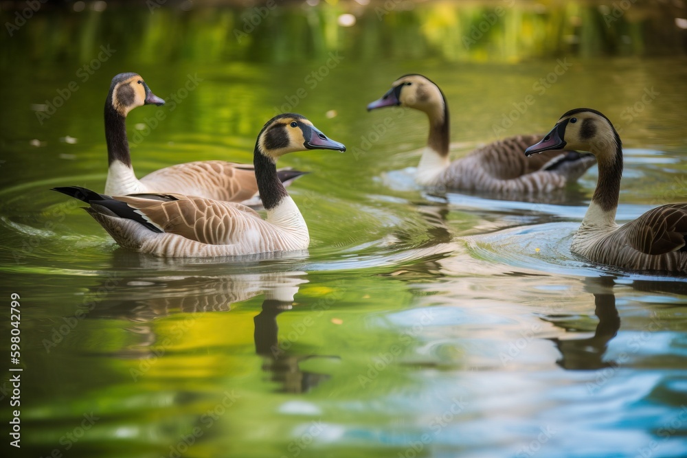 A group of geese swimming in a pond A group of geese swimming in a pond
