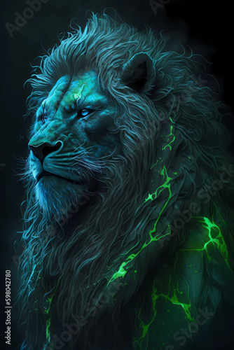 This illustration features a majestic lion depicted in vibrant neon colors of blue and green. The unique and eye-catching design is perfect for various projects  such as posters  album cover..