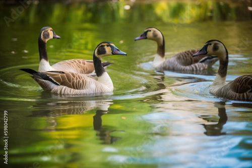 A group of geese swimming in a pond