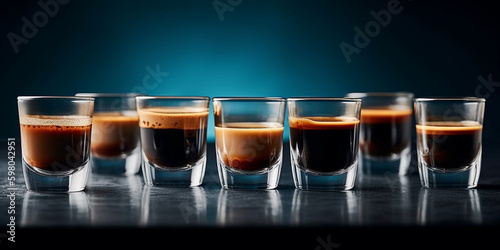 glasses with espresso and moka coffee variations in a row, created with generative ai