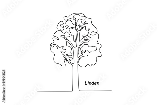 Single one line drawing linden tree . Tree concept. Continuous line draw design graphic vector illustration.