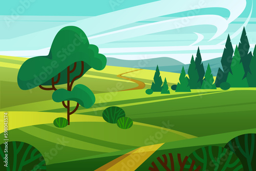 Summer green rural landscape vector illustration. Cartoon countryside path through farm fields on hills, farmland road among trees of forest, natural grass and bushes of meadow under blue sky